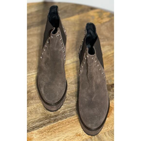 Janet Sport Suede Platform Booties 8.5 Brown Italian Studded Chunky Heel - Picture 2 of 15
